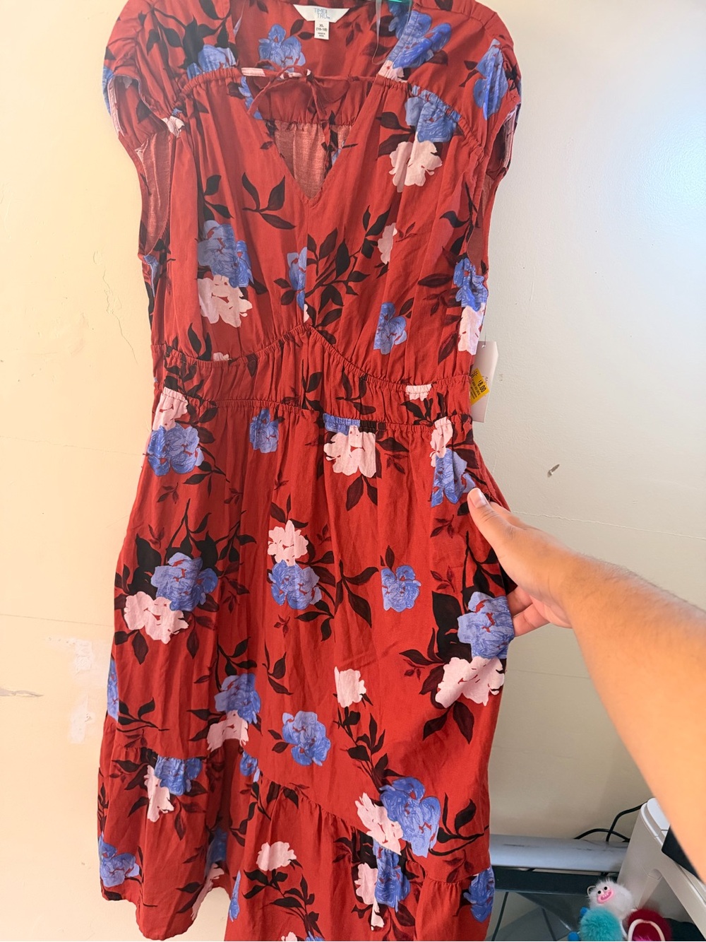 Time and Tru Red Midi Dress with Blue & White Floral Print